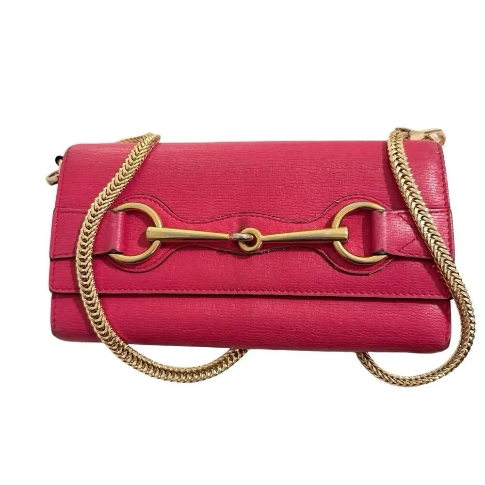 Gucci pink gold horsebit long wallet added gold chain - Picture 8 of 16